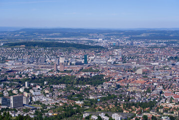 Aerial view of City of Zürich seen from local mountain Uetliberg on a sunny spring day. Photo taken May 18th, 2022, Zurich, Switzerland.