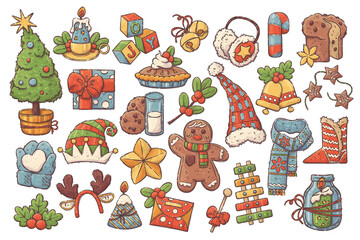 Big Christmas collection with traditional Christmas symbols, sweets and decorative elements. Isolated objects for backgrounds, wallpapers, textile, postcards, t-shirt prints. Vector hand drawn style.