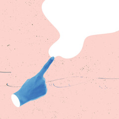 Fototapeta Female blue hand touching white drawn wave on pink color background. Modern design, contemporary art collage. Inspiration, idea, trendy urban magazine style. obraz