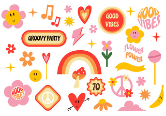 70s big set of retro hippie icons.1970 vibe set. Trendy retro flat illustrations.
