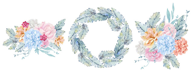 Watercolor pink roses, peach peony flowers bouquet blue branch, leaves illustration. Hand painted floral design wreath for wedding invitation