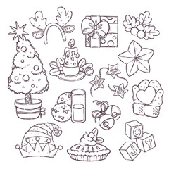 Christmas collection with traditional Christmas symbols, sweets and decorative elements. Isolated objects for backgrounds, wallpapers, textile, postcards, t-shirt prints. Vector hand drawn sketch.