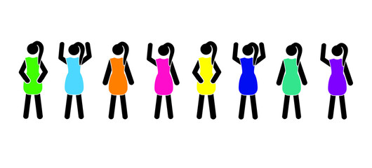set of stick man woman in multicolored dresses in various positions, isolated on a white background, student, female figure, silhouettes, pictogram