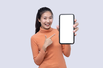 Asian Woman Show Big Mobile Phone Screen with Blank Copy Space