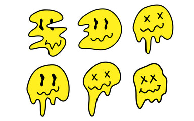 Set of psychedelic smiles. Melting yellow smiles. Psychedelic smile faces.Flat illustration