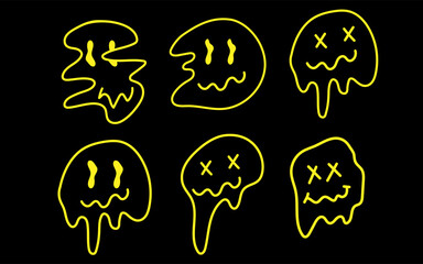 Set of psychedelic smiles. Melting yellow line smiles on black background. Psychedelic smile faces.Flat illustration