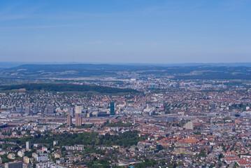 Aerial view of City of Zürich seen from local mountain Uetliberg on a sunny spring day. Photo taken May 18th, 2022, Zurich, Switzerland.