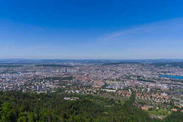 Aerial view of City of Zürich seen from local mountain Uetliberg on a sunny spring day. Photo taken May 18th, 2022, Zurich, Switzerland.