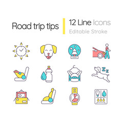 Road trip tips RGB color icons set. Car adventure. Automobile travel. Safe driving. Isolated vector illustrations. Simple filled line drawings collection. Editable stroke. Quicksand-Light font used