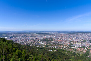 Aerial view of City of Zürich seen from local mountain Uetliberg on a sunny spring day. Photo taken May 18th, 2022, Zurich, Switzerland.