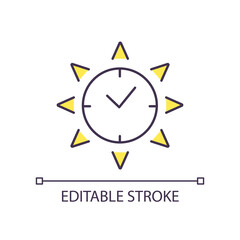Day time RGB color icon. Working and business hours. Midday and noon. Sunbeams. Summertime weather. Isolated vector illustration. Simple filled line drawing. Editable stroke. Arial font used
