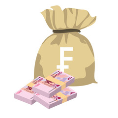 CFA Franc BCEAO Vector Illustration. West African Frank money set bundle banknotes. Money bag 1000 Fr. Flat style. Isolated on white background. Simple minimal design.