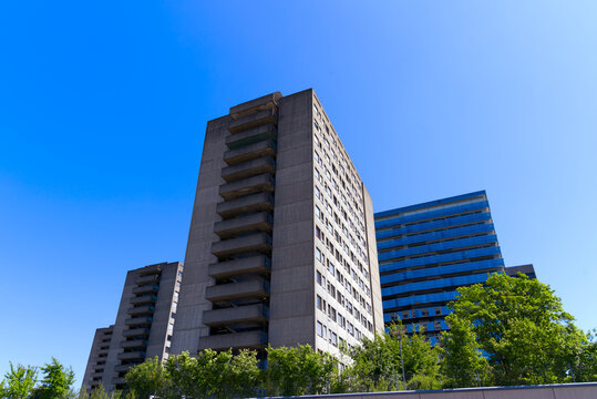 Concrete apartment towers of Triemli Hospital at City of Zürich on a sunny spring day. Photo taken May 18th, 2022, Zurich, Switzerland.