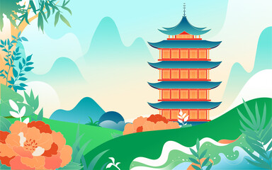 People travel on vacation with various plants and buildings in the background, vector illustration, Chinese translation: Summer Solstice