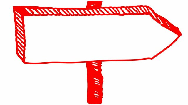 Animated symbol of sign pointer. Empty board on a stick. Wooden billboard. Hand drawn red arrow points to the right. Vector illustration isolated on white background.