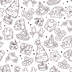 Christmas pattern with traditional Christmas symbols, sweets and decorative elements. Seamless pattern for wrapping, backgrounds, wallpapers, textile composition. Vector hand drawn sketch.