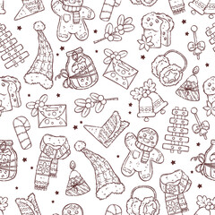 Christmas pattern with traditional Christmas symbols, sweets and decorative elements. Seamless pattern for wrapping, backgrounds, wallpapers, textile composition. Vector hand drawn sketch.