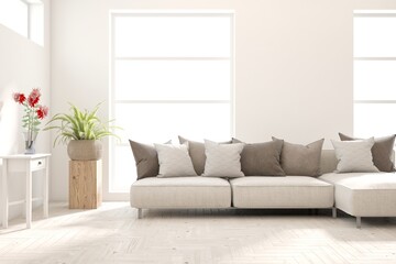 Fototapeta premium White living room with sofa. Scandinavian interior design. 3D illustration