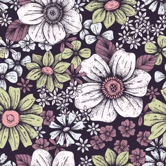 Fototapeten Vector floral pattern in retro hippie style, 60s, 70s. Flower power, Child of flowers, tribal style background with flowers. Retro texture for printing on fabric, textiles, wallpaper. © Tonia Tkach