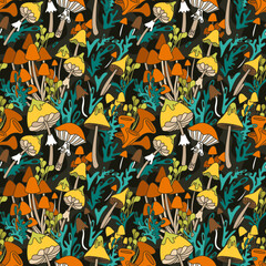 Seamless pattern in retro hippie style with mushrooms, amanita, toadstools. Background 70s, 80s stylization with fantastic mushrooms, tribal pattern.