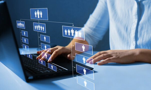 Business hierarchy structure. Business process and workflow automation with flowchart. Virtual screen Mindmap or Organigram.Relations of order or subordination between members.
