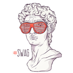 Greek statue. Plaster head with sunglasses. Hashtag Swag - lettering quote. Marble David bust for posters, postcards, t-shirt prints. Vector hand drawn style illustration.
