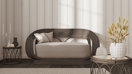 Vintage wooden living room in white and dark tones, rattan sofa with pillows and side tables with vases and decors. Striped wallpaper, parquet and carpet. Modern interior design