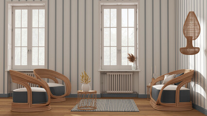 Fototapeta na wymiar Classic wooden living room in white and gray tones, rattan sofa and armchairs, side tables and carpet. Windows, striped wallpaper, parquet and carpet. Modern interior design