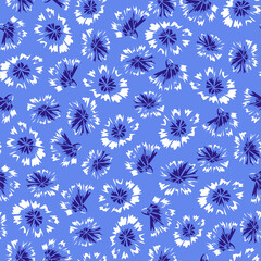 Seamless pattern with contrast abstract flowers on light blue background. Hand drawn cornflowers sketch. Vector floral print for female fabric, summer screen printing, cute cover, wallpaper.