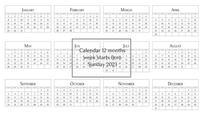 English calendar template Vector horizontal grid 2023 design