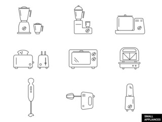 Illustration of kitchen appliances. Black and white line vector of different appliances - mixer grinder, microwave oven, blender, wet grinder