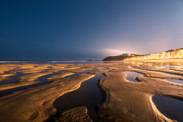Super low tide on Zarautz beach, night photography, Zarautz, Guipuzcoa, Spain