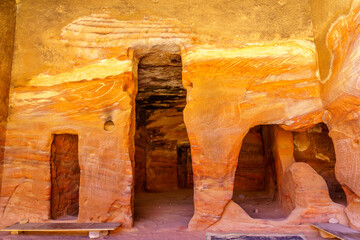 Building carved in the rock, ancient Nabatean city of Petra