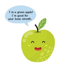 Health benefits of green apple. Cute fruit character print. Food vector illustration