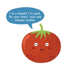 Health benefits of tomato. Cute vegetable character print. Food vector illustration