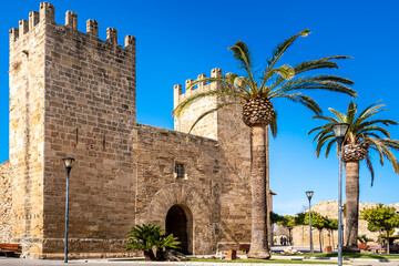 Historic Alcúdia city gate called Porta del Moll also known as Porta de Xara with palm trees in the foreground and the old Alcudia city wall in the background on a sunny springtime day with blue sky. © Kris Hoobaer