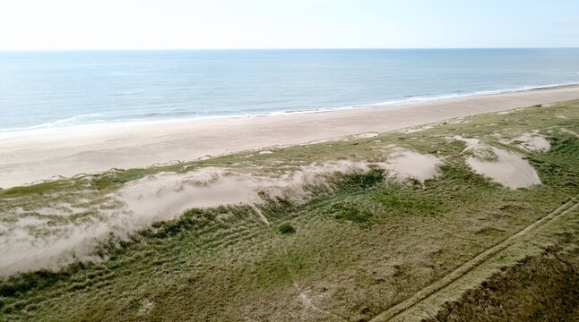 aerial view of a beautiful landscape of dunes, a long beach and the sea, Denmark, high quality picture, Vrist, Vejlby Klit