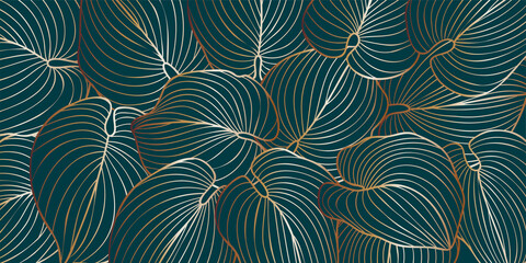 Luxurious art deco gold line hosta leaves background hand drawn line tropical leaves. Wallpaper design for web, poster, cover, banner, fabric, invitation