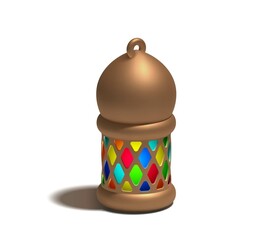 Ramadan Kareem holiday Realistic 3d cartoon cute fanoos design. Celebrate Ramadhan Holy month Islam. Background crescent with colored lanterns fanous. Arabic calligraphy Ramadan Kareem. Festive banner