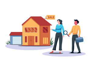 Fototapeta premium Buy or rent real estate illustration. People buying property, Property market, Real estate agent. Mortgage loan and ownership concept. Vector illustration in a flat style
