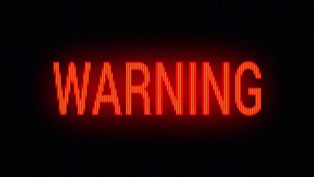 Blinking Warning Alert word on Black CRT Screen. Glowing Red Warning Text Sign on Old Monitor. Warning Alert Signal. Seamless Loop animation.