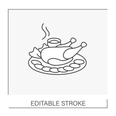  Peking duck line icon. Traditional Chinese cuisine roasted duck, Poultry dish served on plate. Tasty and spicy recipe.National dishes concept. Isolated vector illustration. Editable stroke