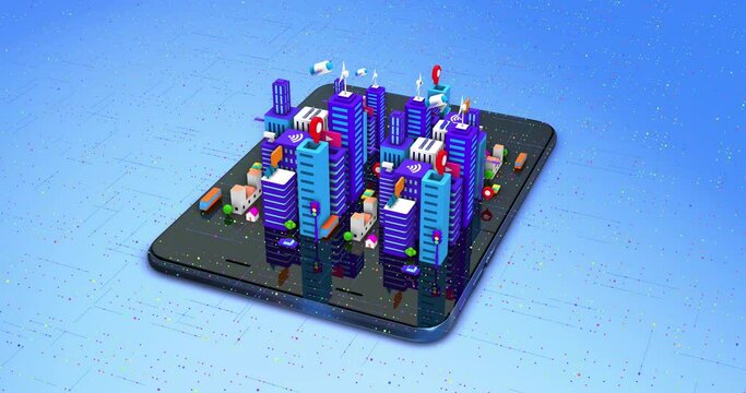 Metropolitan Smart City On Tablet Computer. Wireless Network. Perfect Loop. Technology Related 3D 4K Motion Graphics.