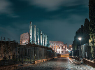 Night photography of the Roman Colosseum, Rome, Italy