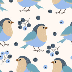 Seamless pattern with funny colorful birds, flowers, leaves and berries. Color flat vector illustration with little cartoon bird. Cute characters. Design for invitation, poster, card, textile, fabric
