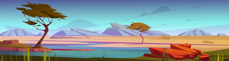 Foto op Aluminium African savannah with river and acacia trees at sunset. Vector cartoon panoramic illustration of savanna landscape with green grass, water stream and mountains on horizon © klyaksun