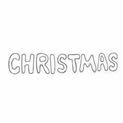 Doodle hand drawn lettering text - Christmas. Holiday decoration. Black and white vector illustration isolated.