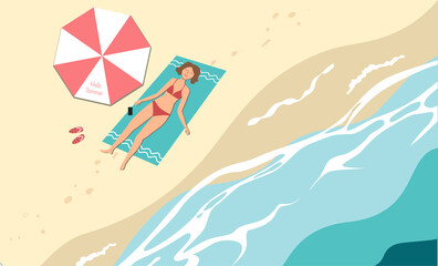 Top view of happy sunbathing woman on the beach sun. Summer seashore landscape. Relaxing and tanning girl. Flat style vector illustration.