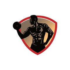 fitness logo, silhouette of a man with barbell at his hand, vector illustrations