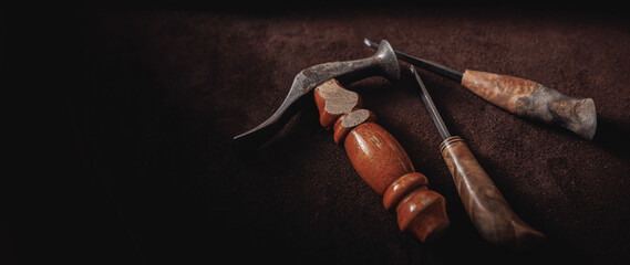 Concept banner background tailor shoes maker. Natural leather brown color with tools, copy space